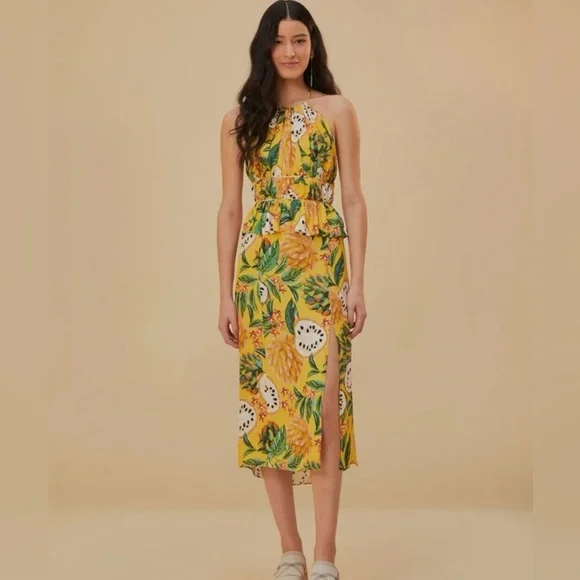 NWT Farm Rio Biriba Yellow Sleeveless Halter Peplum Midi Dress - Picture 1 of 11